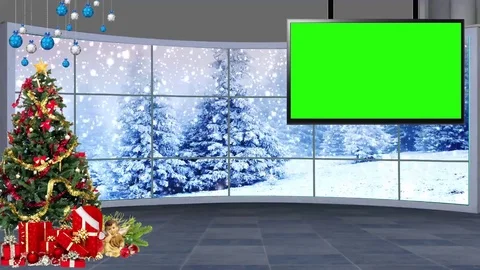 HD Christmas TV Virtual Studio Green Screen Background blue colour Snowfall w Video stock 81733502
