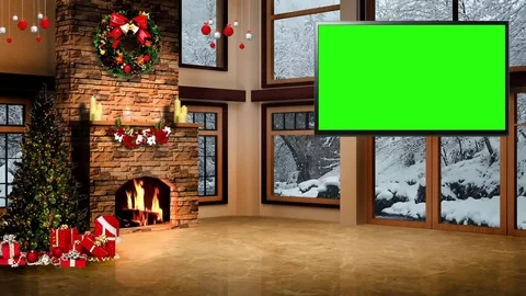 HD Christmas TV Virtual Studio Green Screen Background Fireplace in Day with Vidéo 81733529