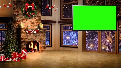 HD Christmas TV Virtual Studio Green Screen Background Fireplace in Night wit Stock Footage 81733549