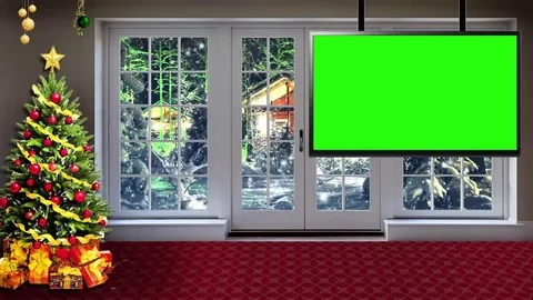 HD Christmas TV Virtual Studio Green Screen Background Night Snowfall outside Stock Footage 81733560