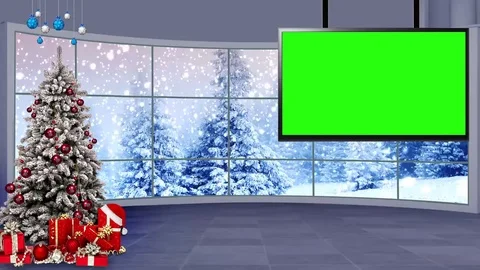 HD Christmas TV Virtual Studio Green Screen Background Grey colour Snowfall w Stock Footage 81734134