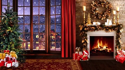 HD Christmas TV Virtual Studio Green Screen Background night fireplace Stock Footage