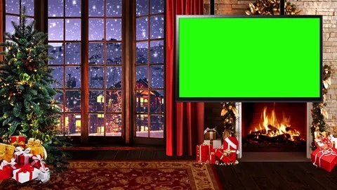HD Christmas TV Virtual Studio Green Screen Background night fireplace with M Stock Footage 81734193
