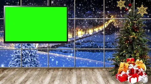 HD Christmas TV Virtual Studio Green Screen Background Snowflakes with Monito Stock Footage 81734268
