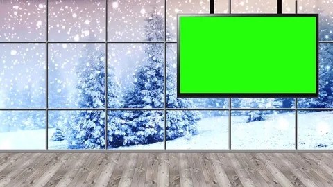 HD Christmas TV Virtual Studio Green Screen Background wooden floor with Moni Stock Footage 81734378