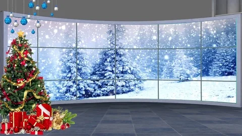 HD Christmas TV Virtual Studio Green Screen Background blue Snowfall Stock Footage 81937019