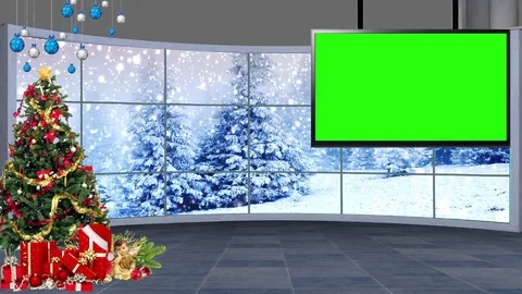 HD Christmas TV Virtual Studio Green Screen Background blue Snowfall 01 Video stock 81937061
