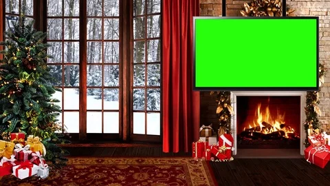 HD Christmas TV Virtual Studio Green Screen Background day fireplace 01 Stock Footage 81937958