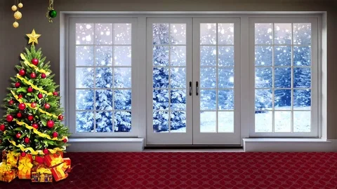HD Christmas TV Virtual Studio Green Screen Background Day Snowfall outside Stock Footage 81939017