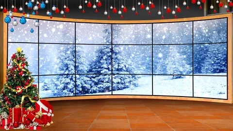 HD Christmas TV Virtual Studio Green Screen Background Day Snowfall Stock Footage 81941083