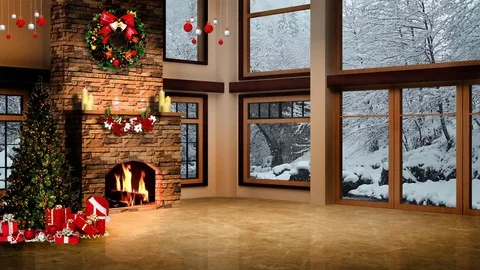 HD Christmas TV Virtual Studio Green Screen Background Fireplace in Day Vidéo 81942451