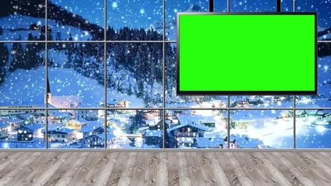 HD Christmas TV Virtual Studio Green Screen Background Night snowfall Stock Footage 81945225