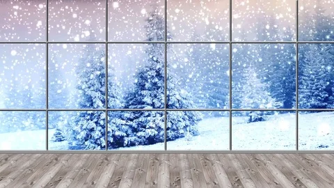 HD Christmas TV Virtual Studio Green Screen Background wooden floor &amp; Snowfall Stock Footage 81946965