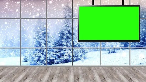HD Christmas TV Virtual Studio Green Screen Background wooden floor with Moni Vidéo 81947660