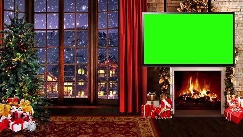 HD Christmas TV Virtual Studio Green Screen Background night fireplace 01 Vidéo 81953586