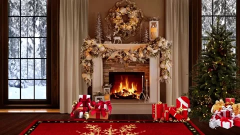 HD Christmas TV Virtual Studio Green Screen Background snow fireplaces Stock Footage