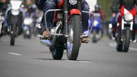 HD - Classic motorcycles. Bottom view of a Bikers riding. slow-mo Stock Footage 107582160
