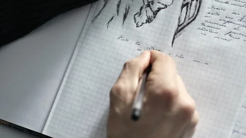 HD Close up shot from behind of how a man is wrtiting a poem or a song 스톡 동영상 97169454