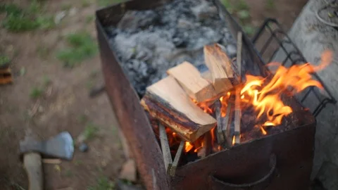 HD the close up shot a man adds logs to teh fire in the fireplace Vidéo 97525490