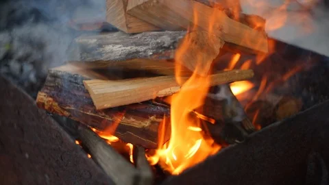 HD Close up view of a fire with wood burning logs in fire place Stock-Footage 97525565