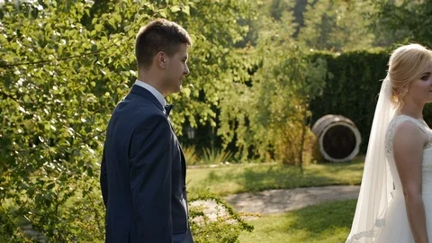 HD Closeup shot Bride is standing and the groom reaches her from back and hugs Stock-Footage 95909185