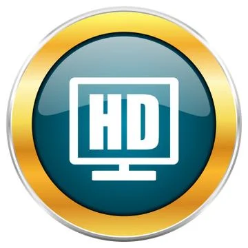 Hd display blue glossy round icon with golden chrome metallic border isolated Stock Illustration