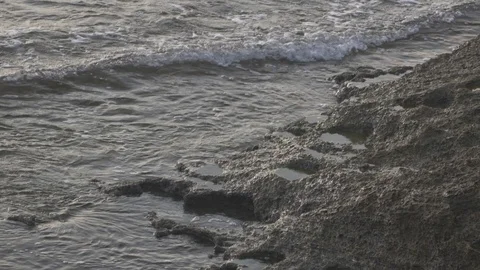 HD down view of rocky coastline tilting up to ocean during the afternoon. Stock Footage 116059056