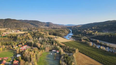 HD drone flight over forest, river, larvik Norway, Vestfold Stock Footage 181641618