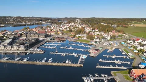 HD DRONE flight over water, harbor, boats in Larvik, Norway, Vestfold Stock Footage 181641606