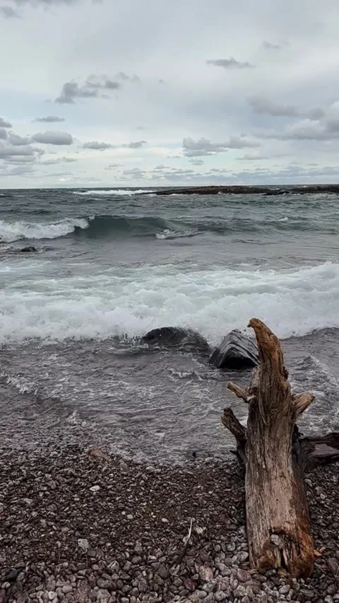 HD drone footage of ocean waves crashing on rocky shore with driftwood Vídeos de archivo 333605218