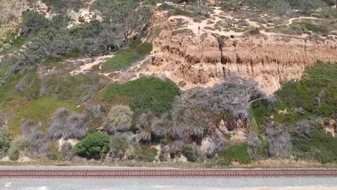 HD Drone footage of train tracks and beach at La Jolla Ca Stock Footage 167029013