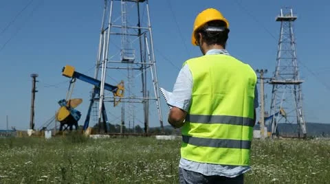 HD Engineer control at Fossil Fuel Energy, Oil Pump, Pumpjack, Old Pumping Unit Stock Footage 12451230