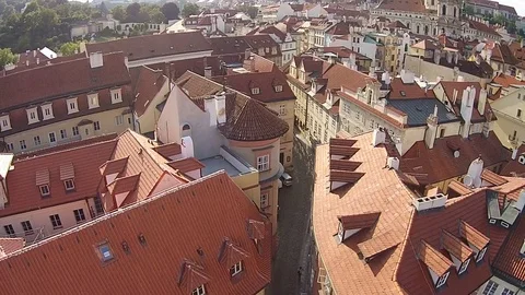 HD EXT DAY aerial old downtown view of historical buildings and roofs Stock Footage 73425119