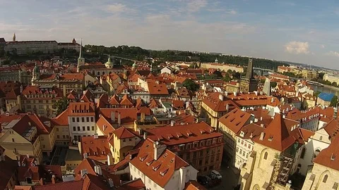 HD EXT DAY aerial pan and tilt old downtown of Prague with a view of the castle, Stock Footage 73425361