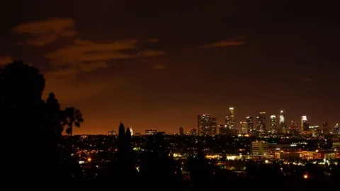 HD EXT NIGHT static time-lapse dusk till dawn downtown of LA  Stock Footage 73425393