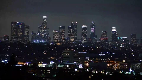 HD EXT NIGHT time-laps establish downtown of Los Angeles with lit skyscrapers Stock Footage 73425172