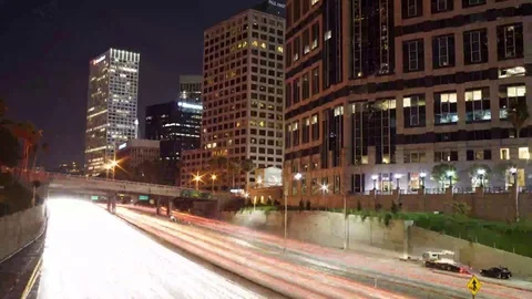 HD EXT NIGHT time-lapse downtown of Los Angeles with a fast-motion traffic  Stock Footage 73425139