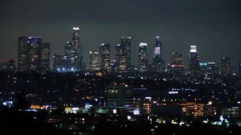 HD EXT NIGHT time-lapse downtown of Los Angeles with lit skyline Stock Footage 73425356