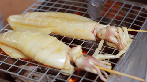 HD foootage close up Grilling squid Video stock 58891014