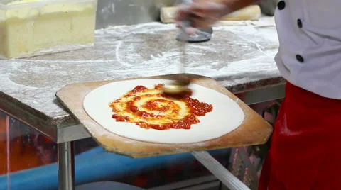 HD footage Close up hand Chef plaster pastry for pizza Stock Footage 48182181