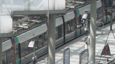 HD 	Huge architecturally designed train station terminal as train departs Stock Footage 120134222