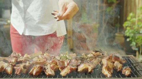 HD  Lamb meat with flames on grill with rosemary Stock-Footage 89864132