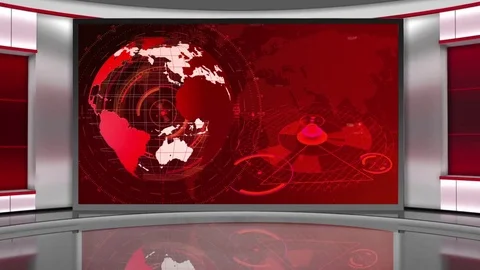 HD News TV Virtual Studio Green Screen Background Red Colour with Globe Stock Footage