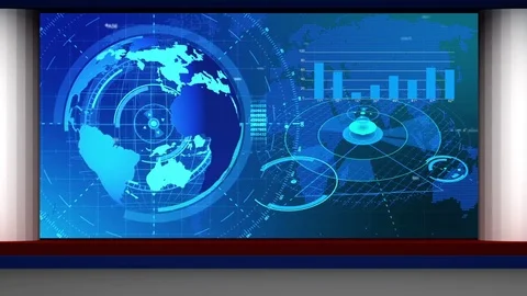 HD News TV Virtual Studio Green Screen Background Blue Colour Globe and Graph Stock Footage 72483502