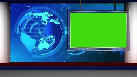 HD News TV Virtual Studio Green Screen Blue Colour with Globe and monitor Stock Footage 72485081