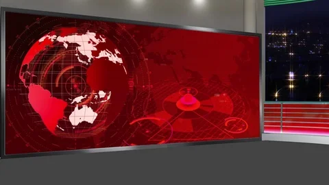HD News TV Virtual Studio Green Screen Red Colour with Globe Stock Footage 72599586