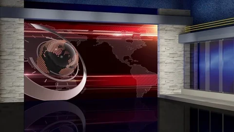 HD News TV Virtual Studio Green Screen Red Colour with Globe Stock Footage 73441221