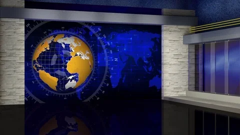 HD News TV Virtual Studio Green Screen Background Blue Yellow colour with Globe Stock Footage 73441279
