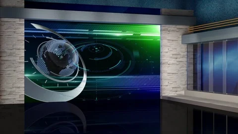 HD News TV Virtual Studio Green Screen Blue &amp; Green Colour with Globe Stock Footage 73444155