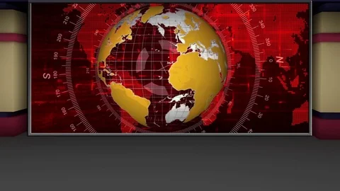 HD News TV Virtual Studio Green Screen Background Red  yellow Colour with Globe  Stock Footage 73508760